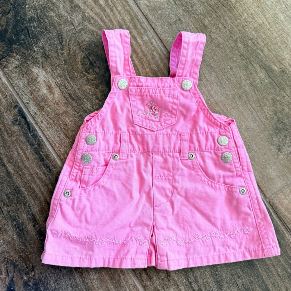 Faded Glory Baby Vintage Cottagecore Floral Embroidered Overall Dress,Pink, 0-3M